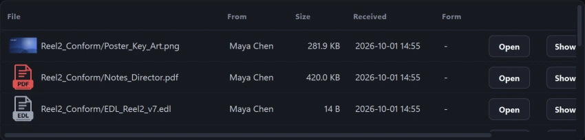 Received files log with thumbnails and senders