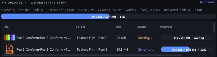Uploads in progress with sizes and progress bars