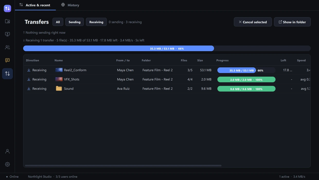 Transfers view